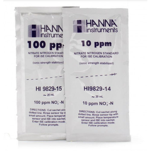 Sobres de Solución Estándar Hanna de 10 ppm y 100 ppm de Nitrato (como N) para Calibración del HI9829 