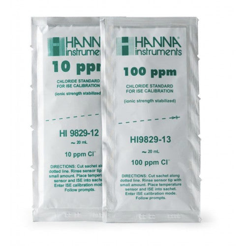 Sobres de Solución Estándar de Cloruro Hanna de 10 ppm y 100 ppm para HI9829