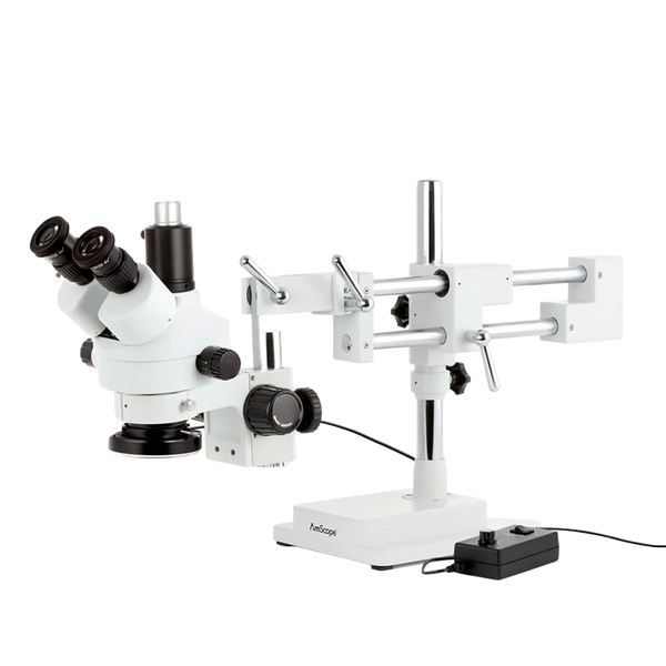 Microscopio Estéreo Trinocular AmScope Serie SM4T 7X–45X Simul Focal con Base de Brazo Doble + Luz Anular LED de 144 + Cámara USB 3.0 de 10 MP C Mount