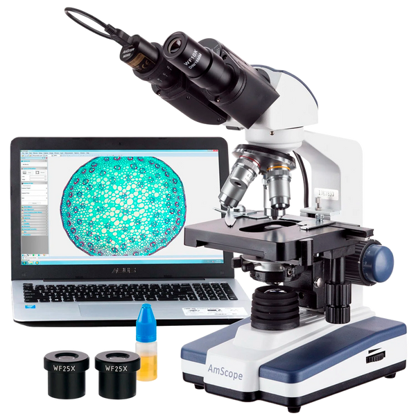 Microscopio Compuesto Binocular AmScope Serie B120 40×–2500× con Cámara Digital de 3 MP y Platina Mecánica 3D
