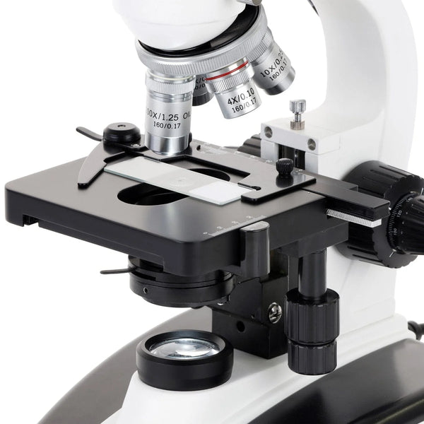 Microscopio Compuesto Monocular de Doble Visualización, Aumentos de 40X a 2500X, con Luz Halógena de 20 W y Platina Mecánica 
