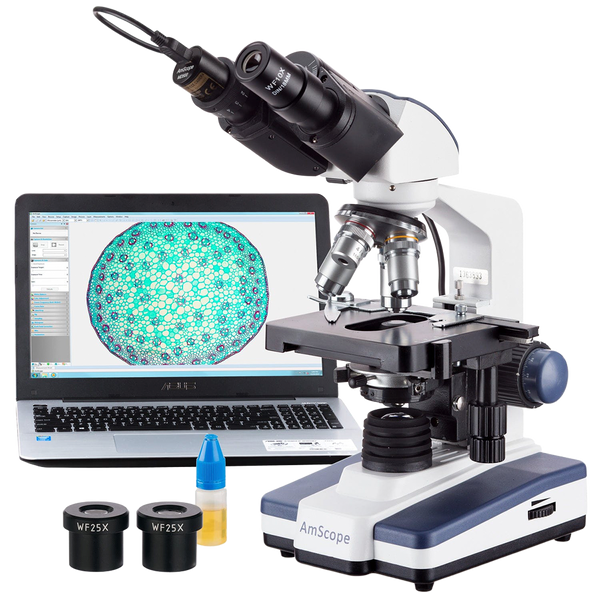 Microscopio Compuesto Binocular AmScope Serie B120 40X–2500X + Cámara 0.3 MP ²⁶