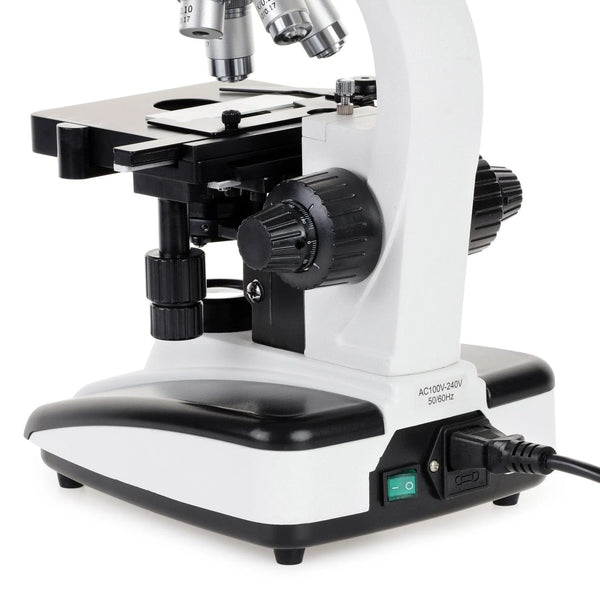 Microscopio Compuesto Monocular de Doble Visualización, Aumentos de 40X a 2500X, con Luz Halógena de 20 W y Platina Mecánica 