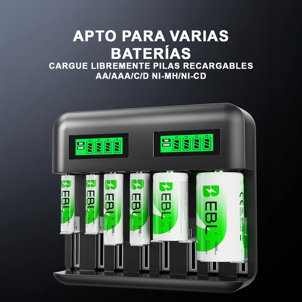 Cargador Universal EBL para Baterías Recargables Tipo AA/AAA/C/D/Ni-MH - Nueva edición