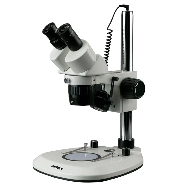 Microscopio Estéreo AmScope Serie SW2B 10X–30X de Campo Amplio con Base de Columna e Iluminación LED Superior e Inferior