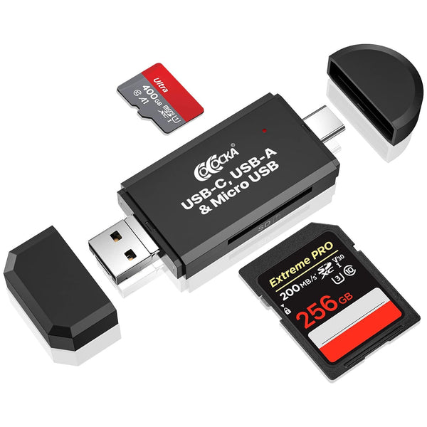 Lector de Memorias para Micro SD y SD Conector USB Estándar, Micro USB y USB Tipo C para Smartphones y Tabletas con Función OTG