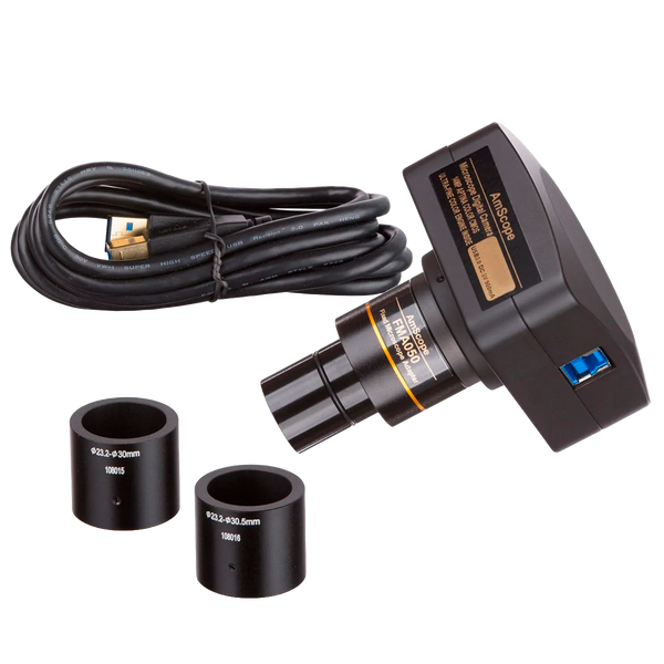 Microscopio Estéreo Trinocular AmScope Serie SM4T 7X–45X Simul Focal con Base de Brazo Doble + Luz Anular LED de 144 + Cámara USB 3.0 de 10 MP C Mount