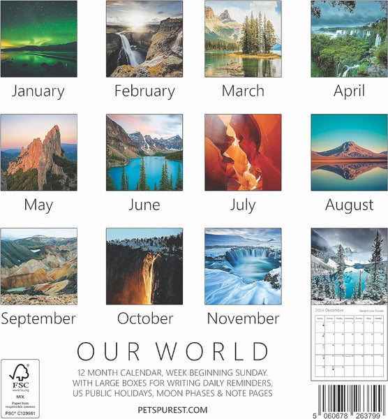 Calendario de Pared 2024 Our World Natural Wonders con Imágenes de Paisajes