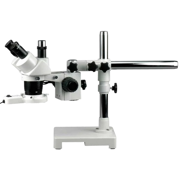 Microscopio Estereo Trinocular AmScope Serie SW-3T24Z-FRL con Aumento de 20-40-80×, Fuente de luz fluorescente y Soporte de pluma de brazo sencillo
