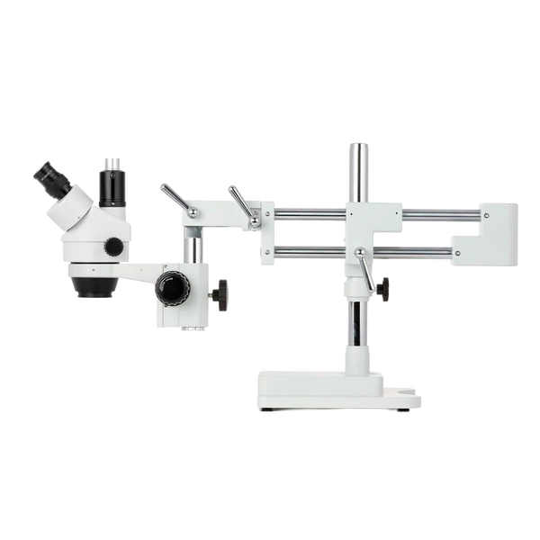 Microscopio Estéreo Trinocular AmScope Serie SM4T 7X–45X Simul Focal con Base de Brazo Doble + Luz Anular LED de 144 + Cámara USB 3.0 de 10 MP C Mount