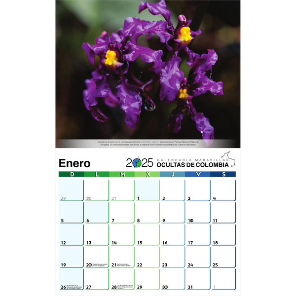 Calendario Mensual de Pared 2025 Maravillas Ocultas de Colombia, Incluye Fechas Mundiales Importantes para la Naturaleza