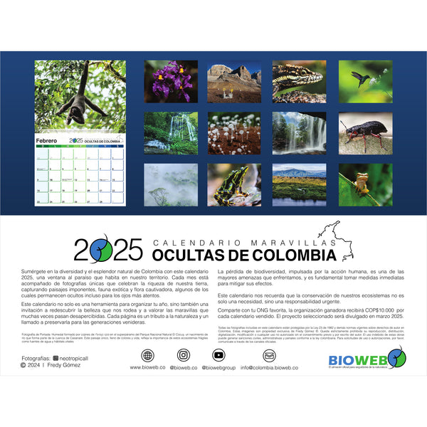 Calendario Mensual de Pared 2025 Maravillas Ocultas de Colombia, Incluye Fechas Mundiales Importantes para la Naturaleza