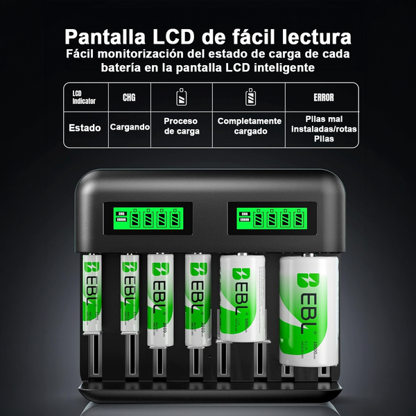 Cargador Universal EBL para Baterías Recargables Tipo AA/AAA/C/D/Ni-MH - Nueva edición