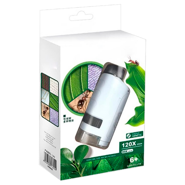 Microscopio de Bolsillo para Niños: Kit de Juguete Científico Educativo 60–120x con Luz LED (+6)