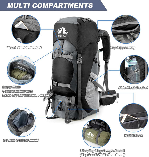 Mochila de Senderismo Night Cat con Marco Interno, Respaldo Ergonómico y Funda Impermeable