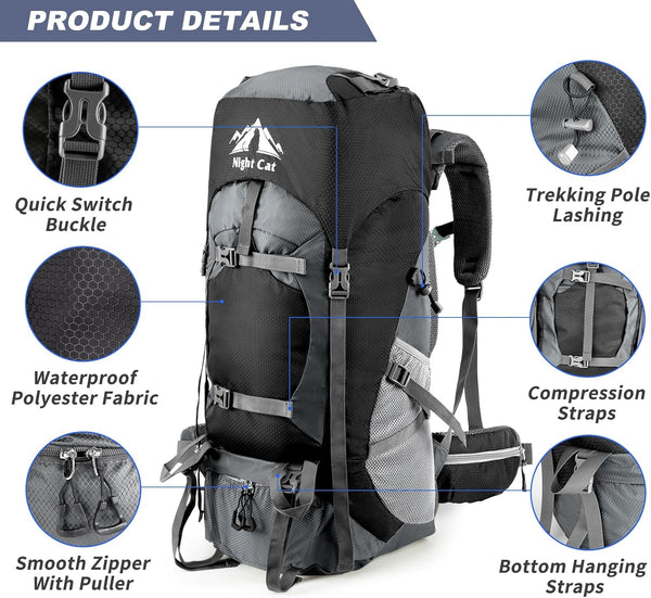 Mochila de Senderismo Night Cat con Marco Interno, Respaldo Ergonómico y Funda Impermeable
