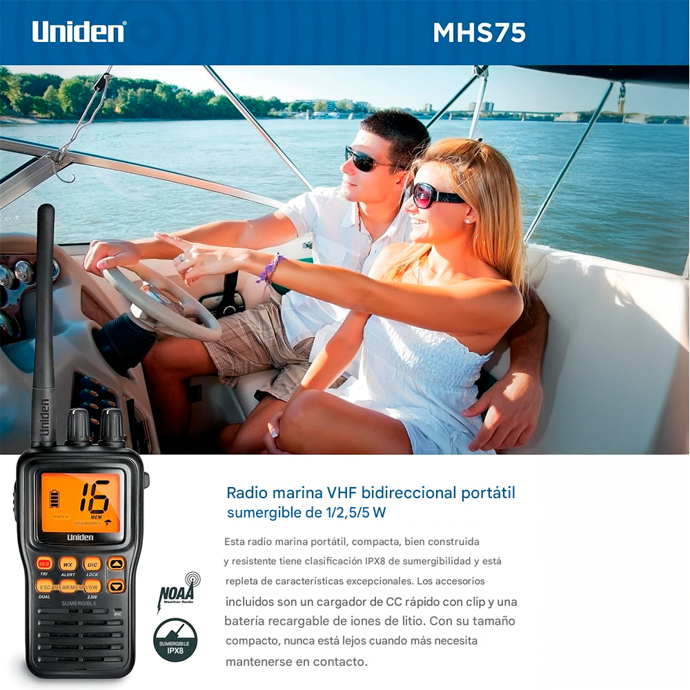 Ricetrasmittente Marina VHF Portatile Uniden MHS75 – Subacquea JIS8, Batteria Li-ion, Canali Meteo NOAA, Potenza 5W, Impermeabile