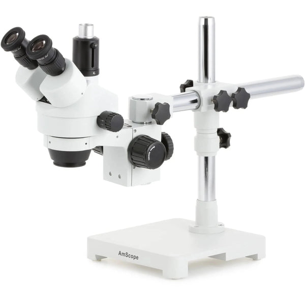 AmScope SM-3T Series Zoom Trinocular Microscopio Estereoscópico en Soporte de Brazo Simple