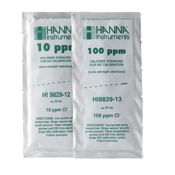 Sobres de Solución Estándar de Cloruro Hanna de 10 ppm y 100 ppm para HI9829