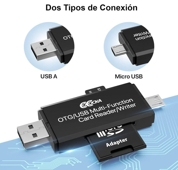 Lector de Memorias para Micro SD y SD Conector USB Estándar y Micro USB para Smartphones y Tabletas con Función OTG