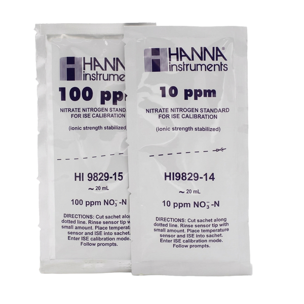 Sobres de Solución Estándar Hanna de 10 ppm y 100 ppm de Nitrato (como N) para Calibración del HI9829