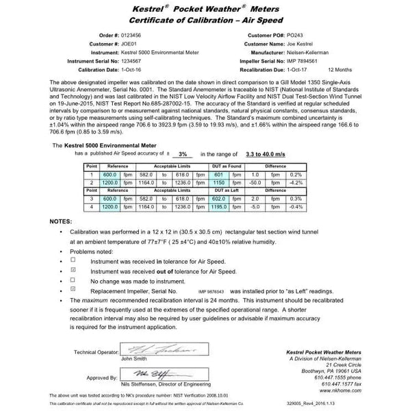 Certificados de Calibración NIST para Kestrel