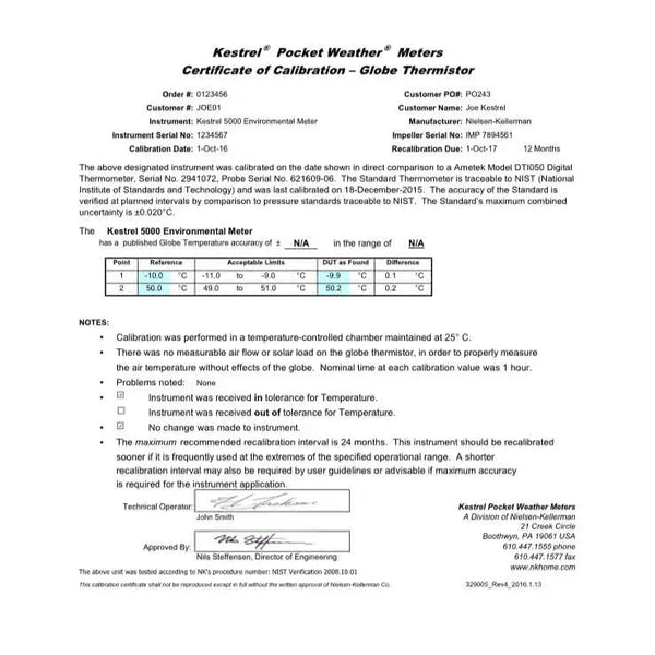 Certificados de Calibración NIST para Kestrel
