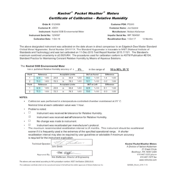Certificados de Calibración NIST para Kestrel
