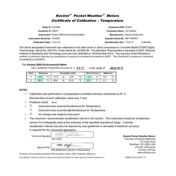 Certificados de Calibración NIST para Kestrel
