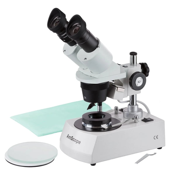 Microscopios Estéreo Compactos Amscope con Placa Condensadora Campo Oscuro y Pinza para Gemas, Iluminación Halógena Superior e Inferior