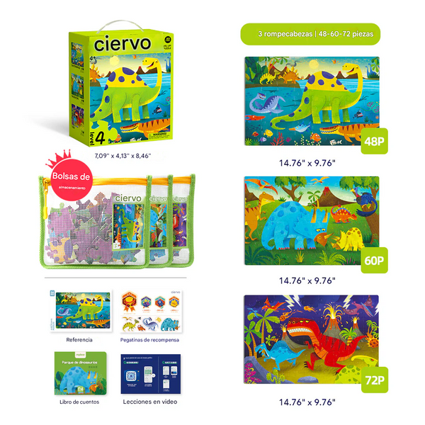 Quebra-Cabeça Level Up Nível 4 Mundo dos Dinossauros com Bolsa de Armazenamento 180 Peças (+4)