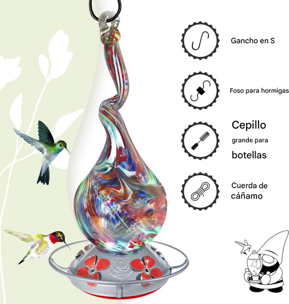 Bebedero para Colibríes Grateful Gnome en Vidrio Soplado Calabaza de Cuello Retorcido 16 oz