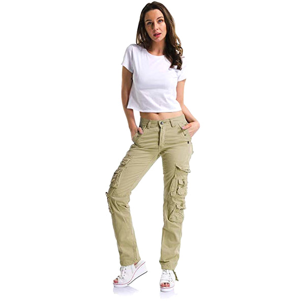 Pantalones Tipo Cargo Mesinsefra Multiples Bolsillos para Mujer Color Beige 