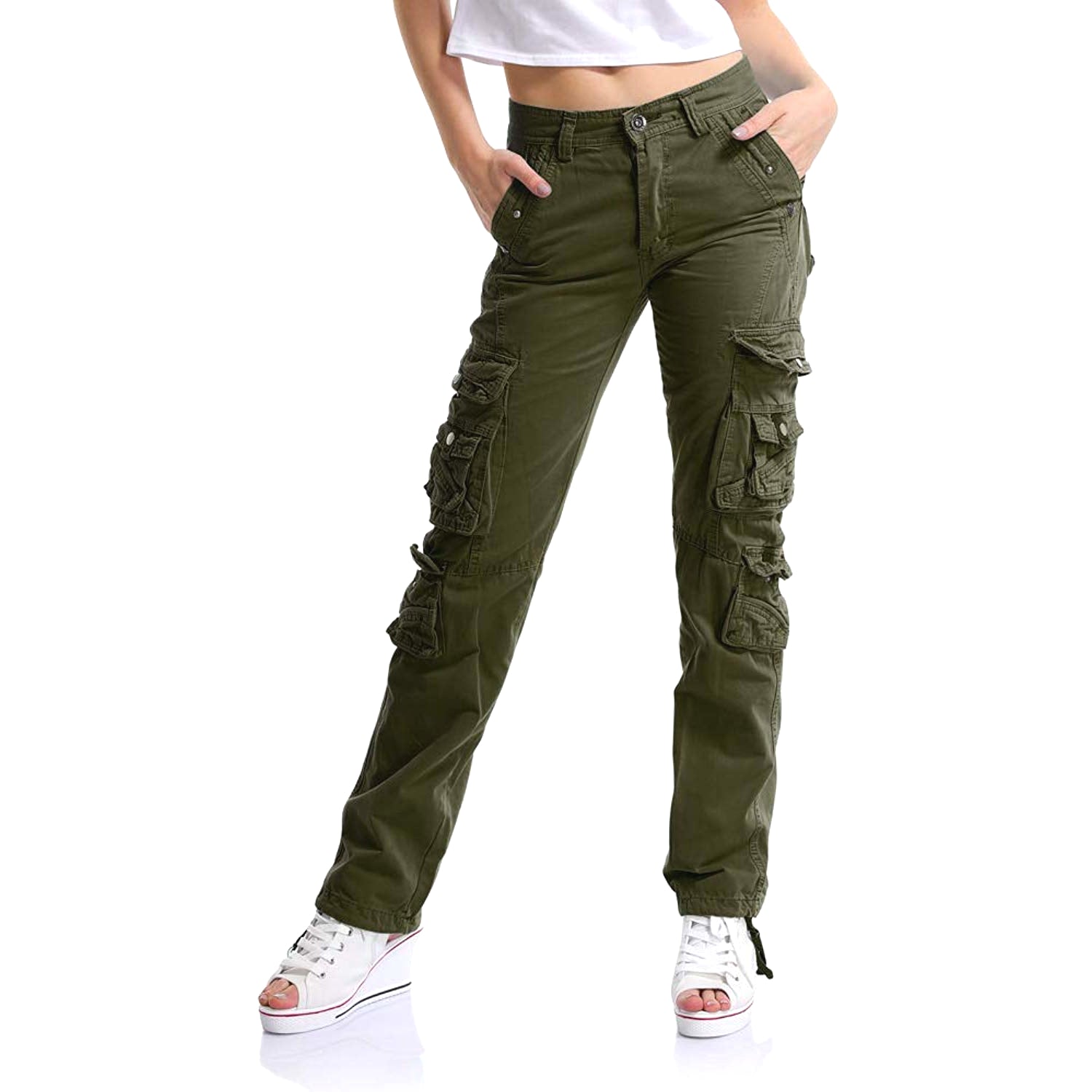  Jeans cargo de cintura alta para mujer con múltiples
