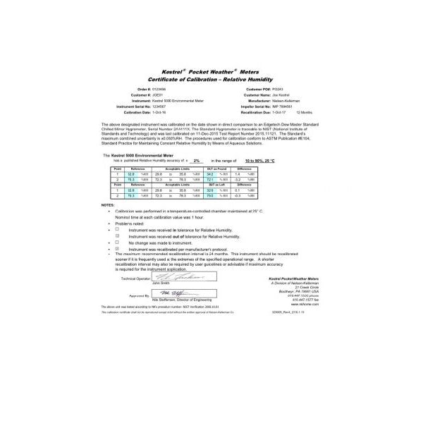 Certificado de Calibración NIST para Kestrel