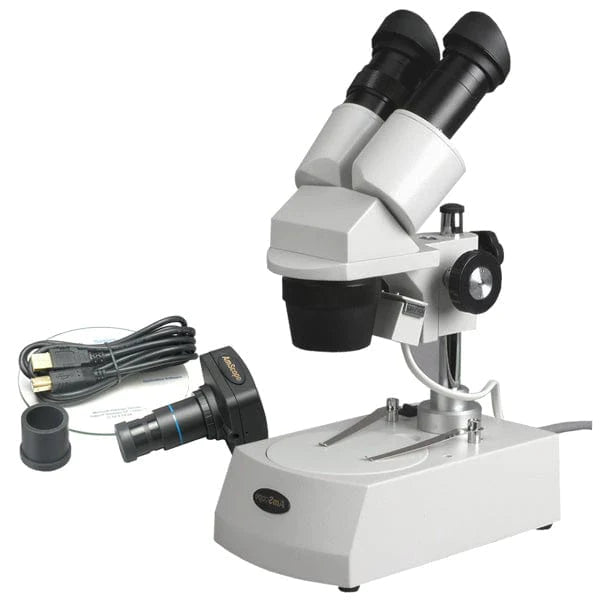 Microscopio Estéreo Amscope 20X-40X-80X con Cabezal Invertido, Doble Iluminación Halógena y Cámara USB