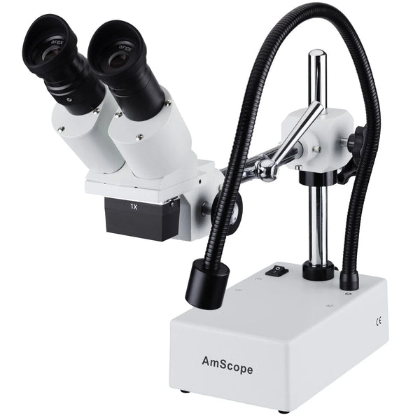 Microscopios estéreo AmScope de brazo articulado compacto de lente fija 10X con luz LED de cuello de cisne