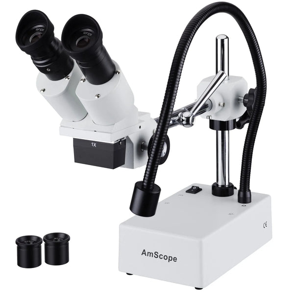 Microscopios estéreo AmScope de brazo articulado compacto de lente fija 10X con luz LED de cuello de cisne